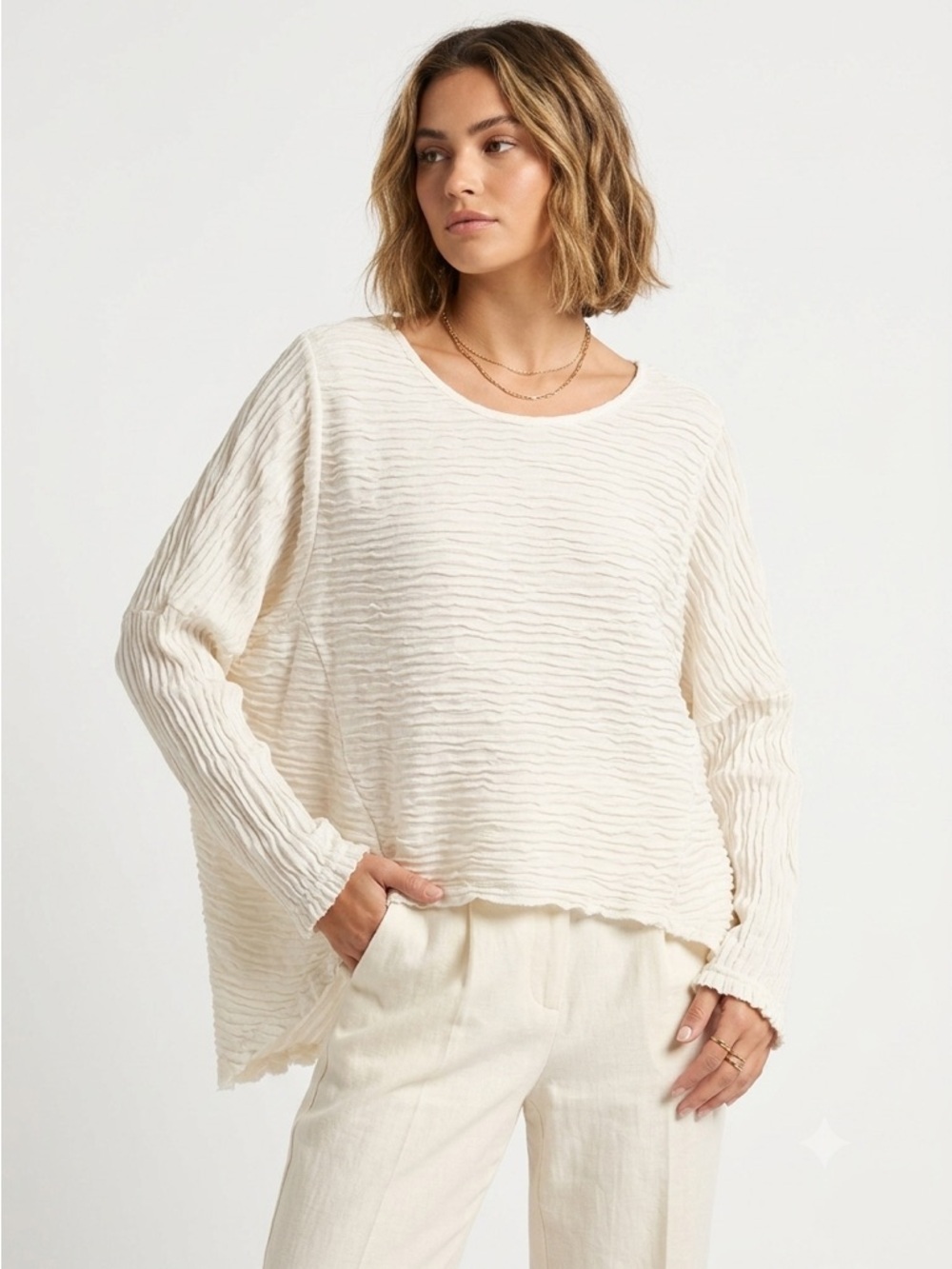 XCVI Textured Crinkle Pleat Asymmetrical Lagenlook Top Modal Cotton Cream Large